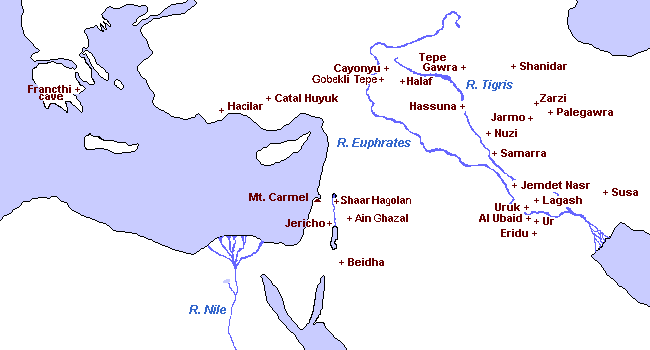 map of Middle East - prehistoric sites